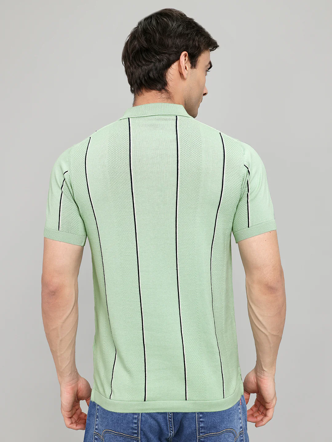 Men Sea Green Intarsia Collar Half Sleeve T-Shirt - Image 4