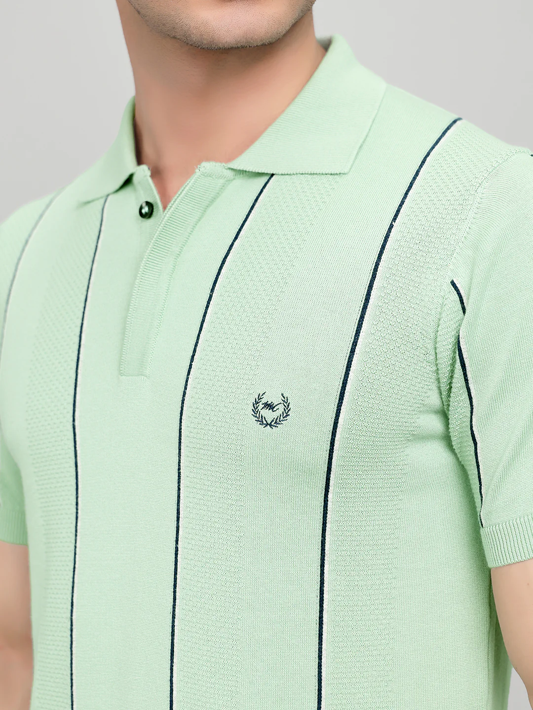 Men Sea Green Intarsia Collar Half Sleeve T-Shirt - Image 5