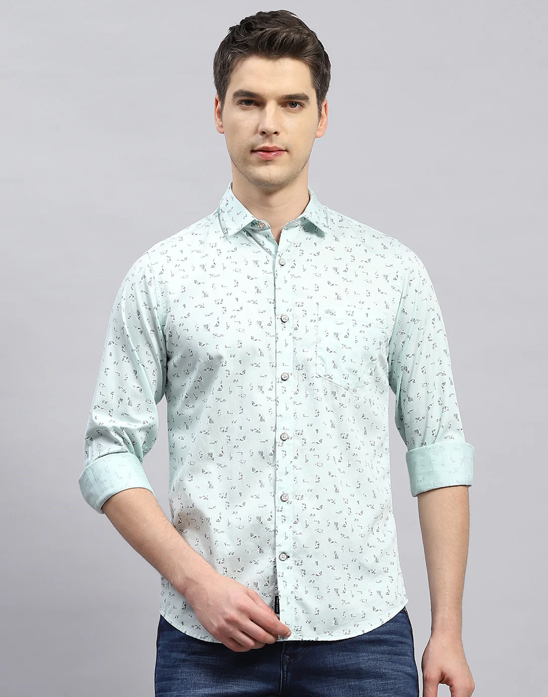 Men Sea Green Printed Collar Full Sleeve Shirt - Image 3