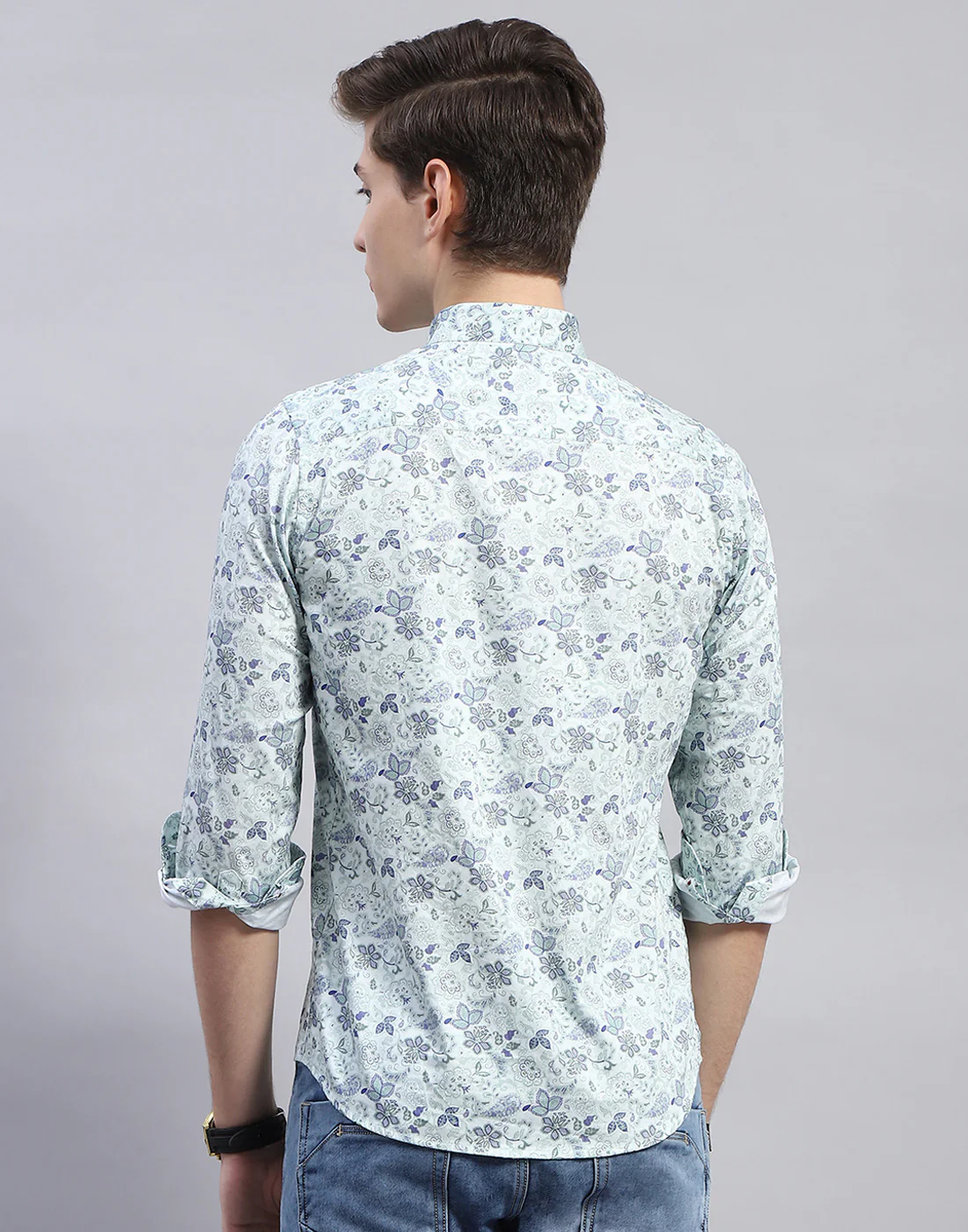 Men Sea Green Printed Mandarin Collar Full Sleeve Shirt - Image 6
