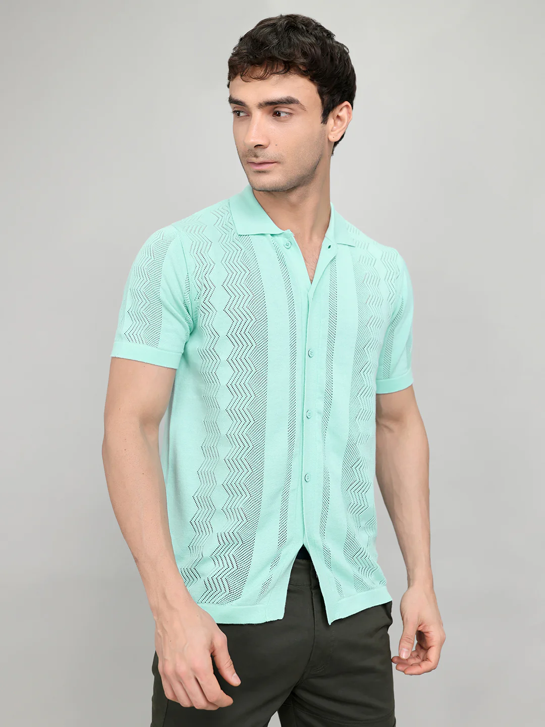 Men Sea Green Self Design Collar Half Sleeve Shirt - Image 3