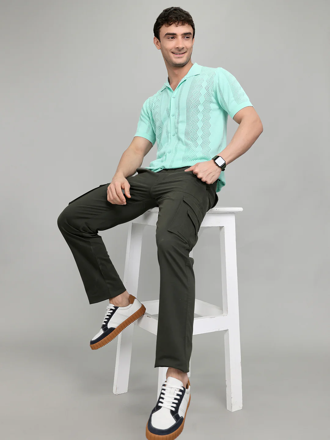 Men Sea Green Self Design Collar Half Sleeve Shirt - Image 6