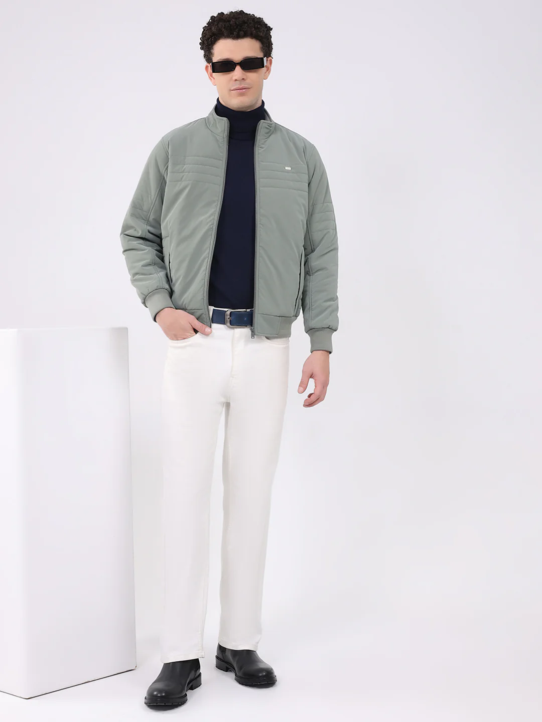 Men Sea Green Solid Collar Full Sleeve Jacket - Image 2