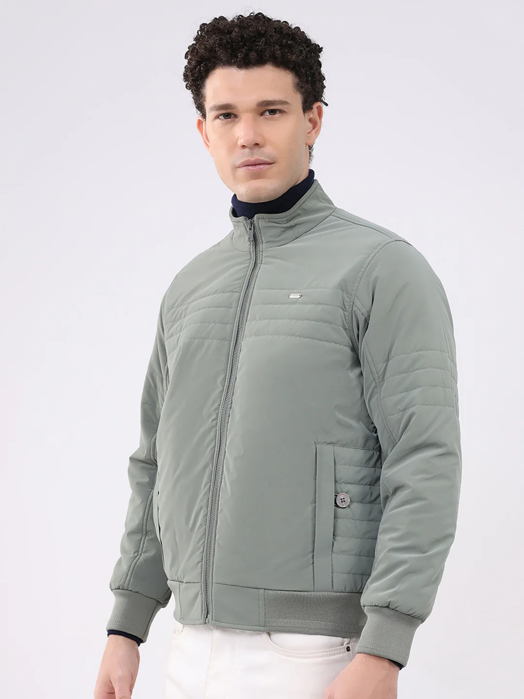 Men Sea Green Solid Collar Full Sleeve Jacket - Image 3