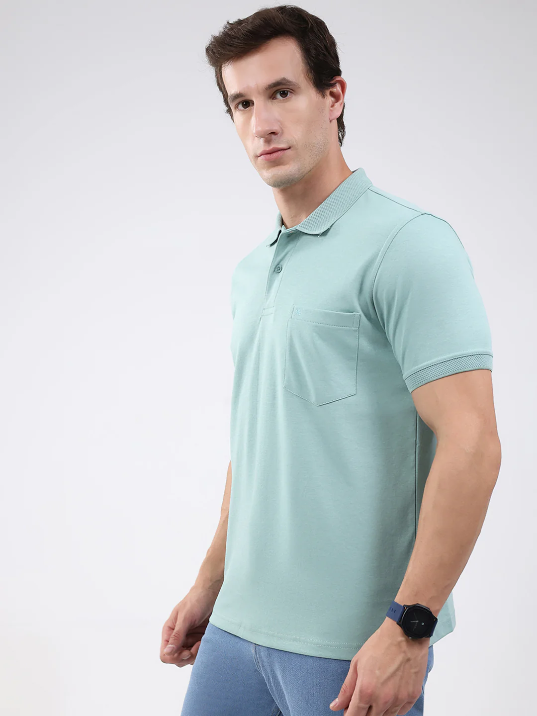 Men Sea Green Solid Collar Half Sleeve T-Shirt - Image 3