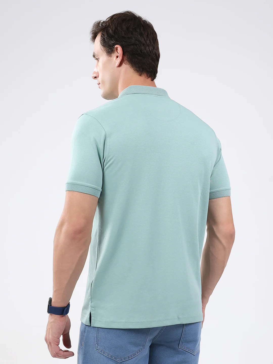 Men Sea Green Solid Collar Half Sleeve T-Shirt - Image 5
