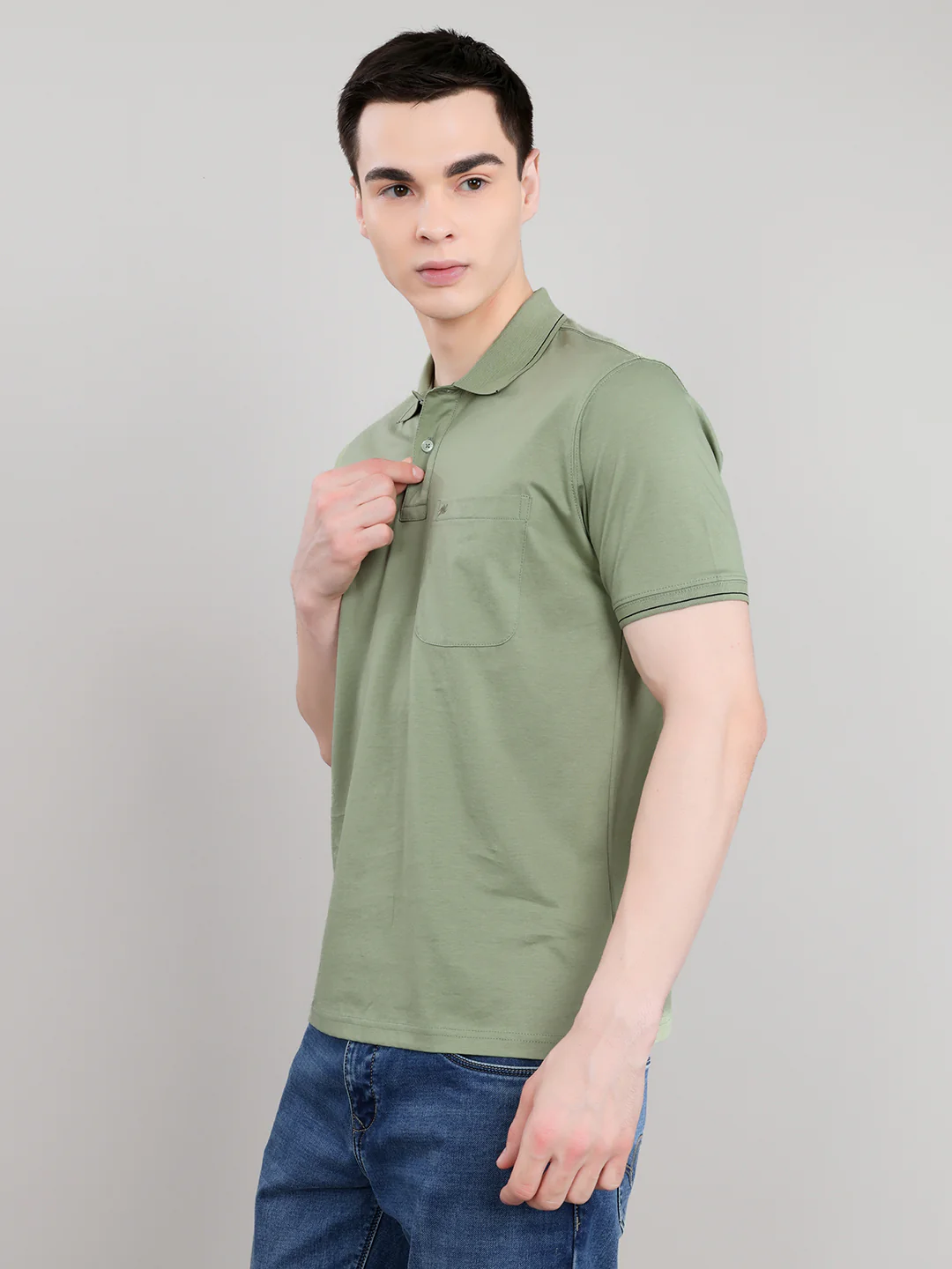 Men Sea Green Solid Collar Half Sleeve T-Shirt - Image 2