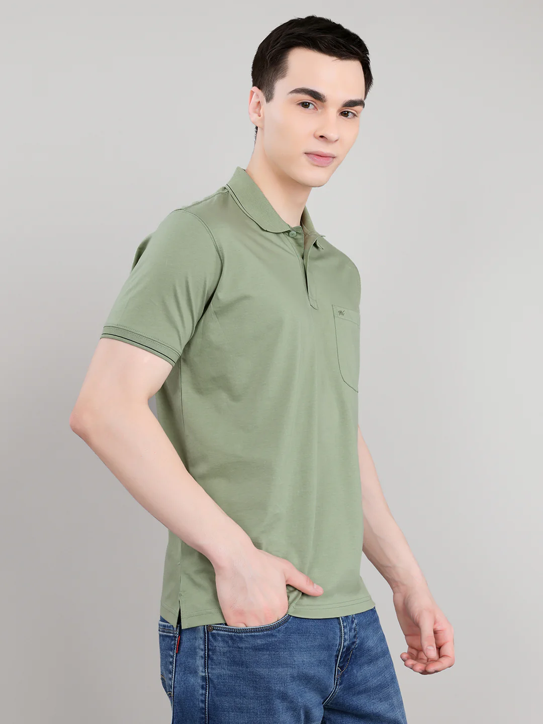 Men Sea Green Solid Collar Half Sleeve T-Shirt - Image 3