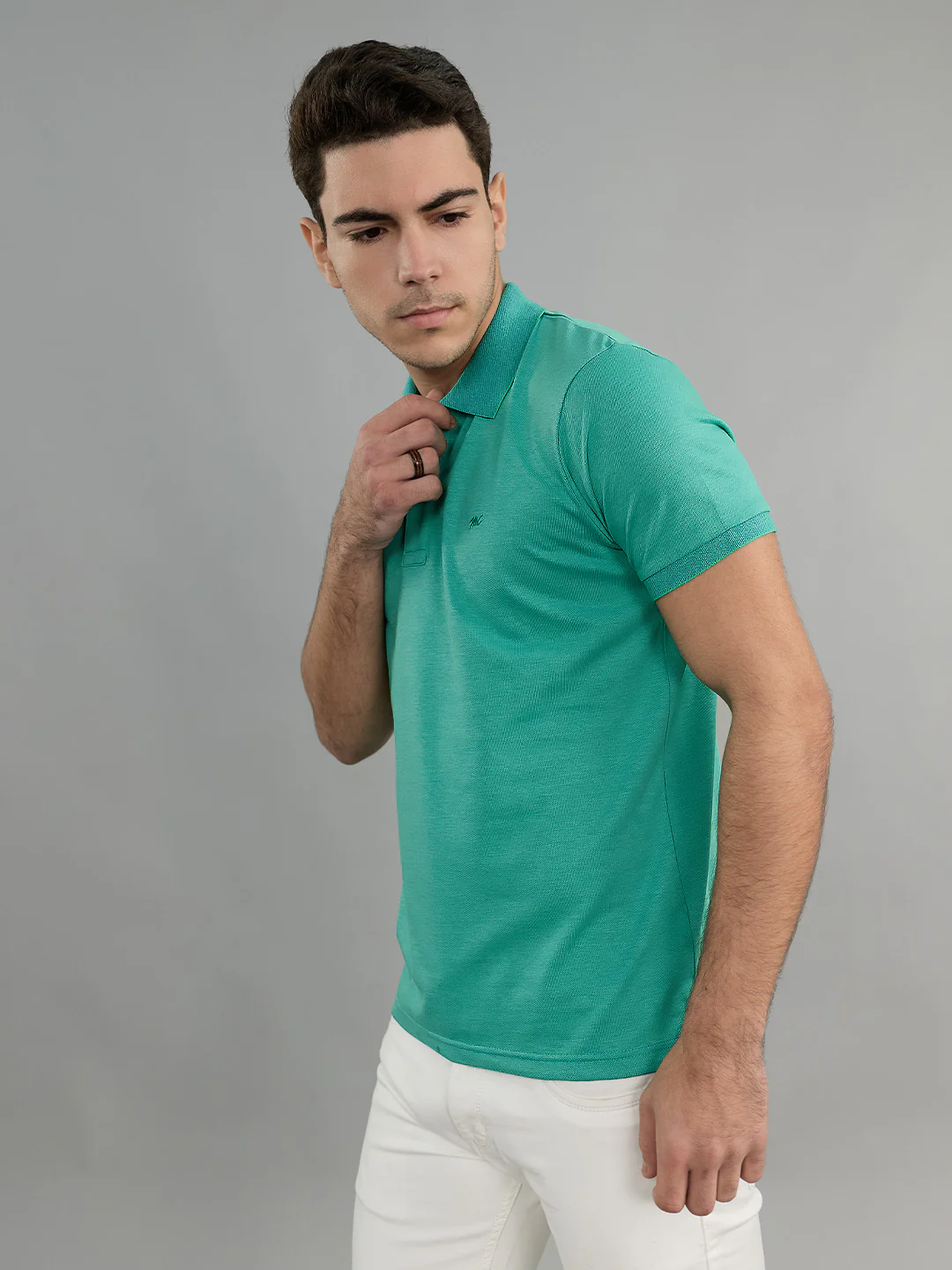 Men Sea Green Solid Collar Half Sleeve T-Shirt - Image 3