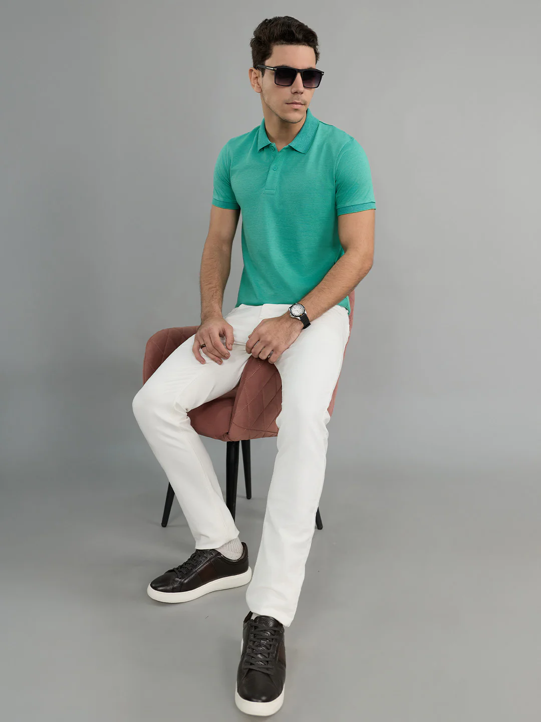 Men Sea Green Solid Collar Half Sleeve T-Shirt - Image 6