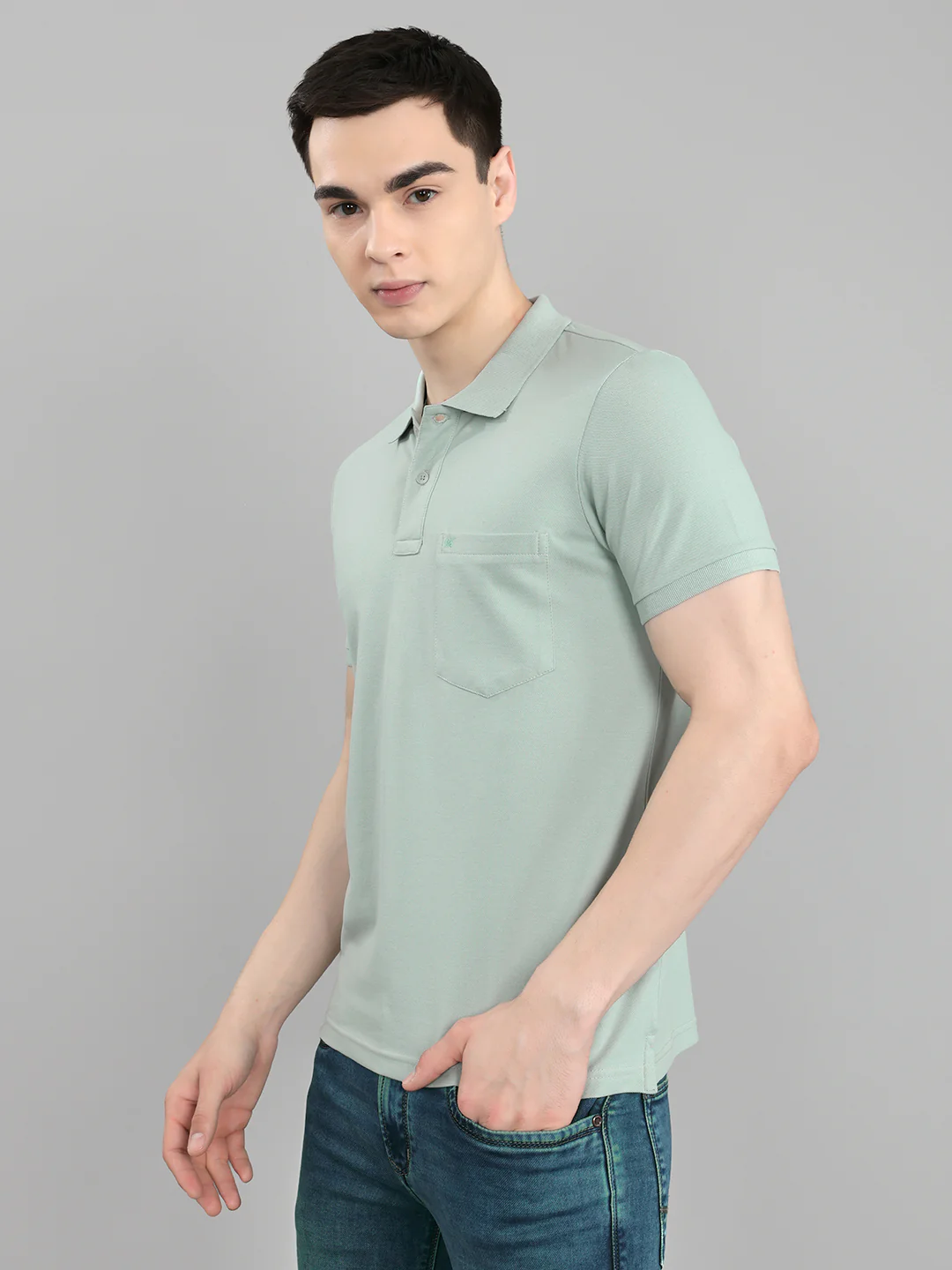 Men Sea Green Solid Collar Half Sleeve T-Shirt - Image 2