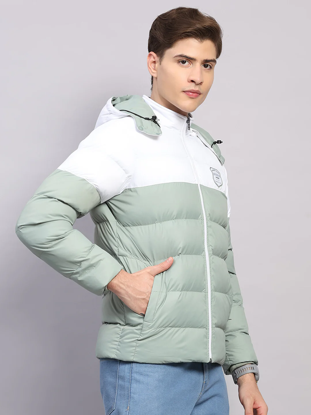 Men Sea Green Solid Hooded Full Sleeve Jacket - Image 4