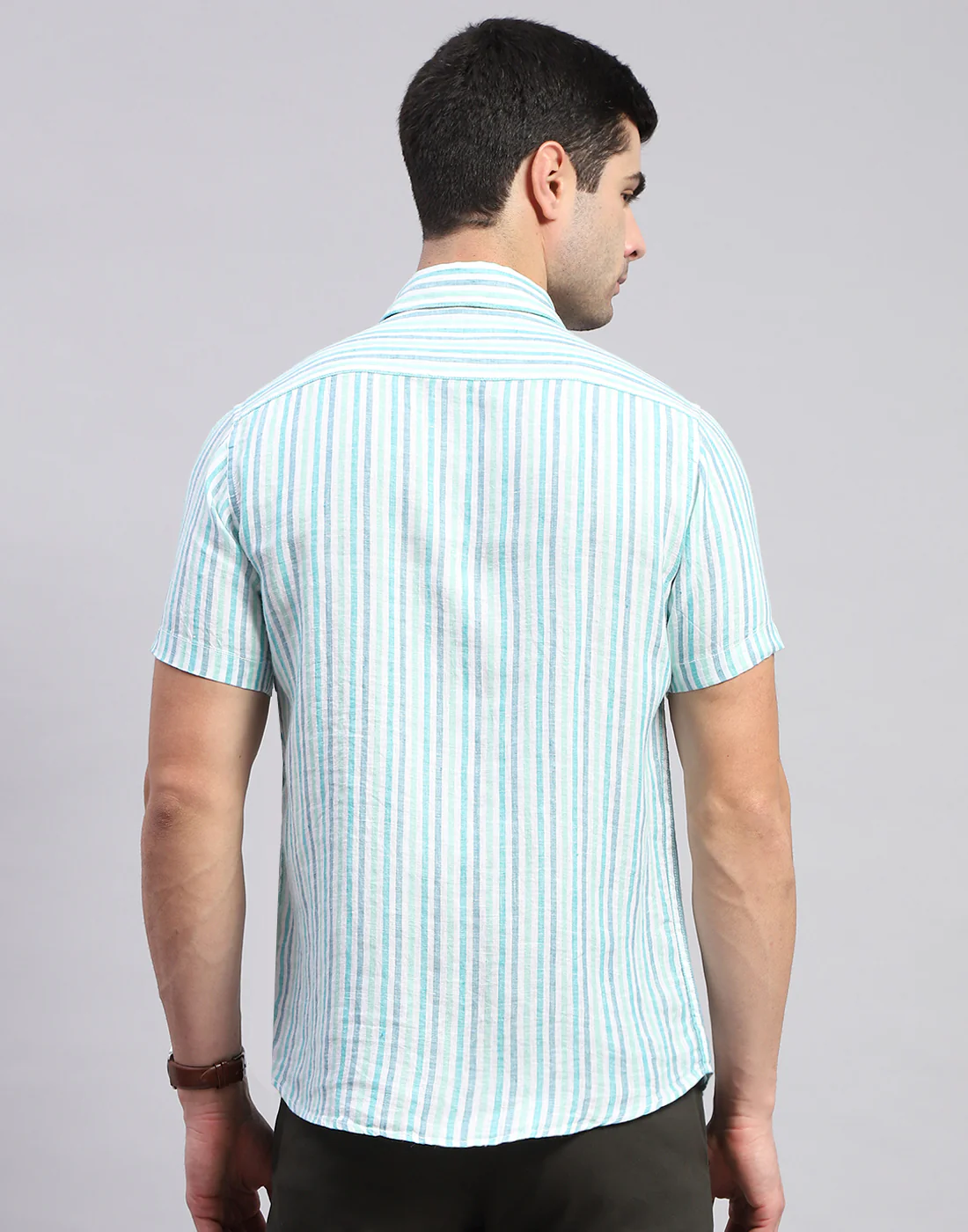 Men Sea Green Stripe Collar Half Sleeve Linen Shirt - Image 5