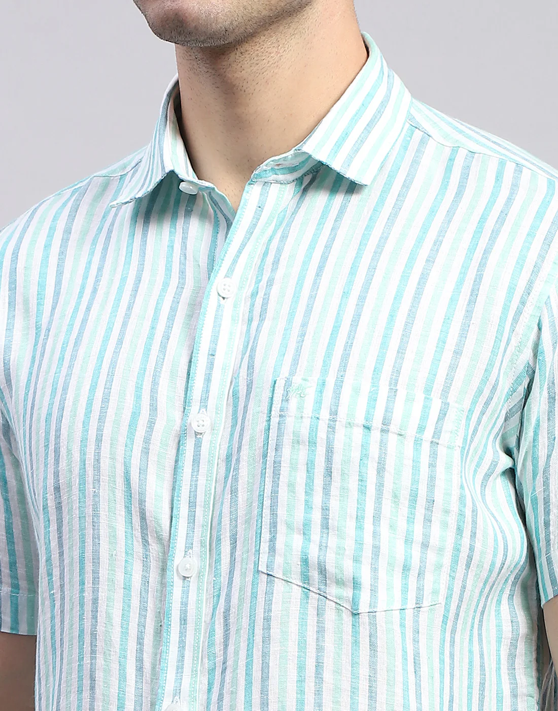 Men Sea Green Stripe Collar Half Sleeve Linen Shirt - Image 6