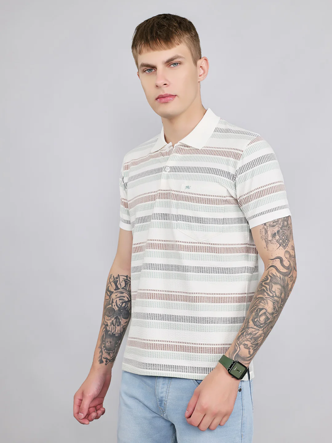 Men Sea Green Stripe Collar Half Sleeve T-Shirt - Image 2