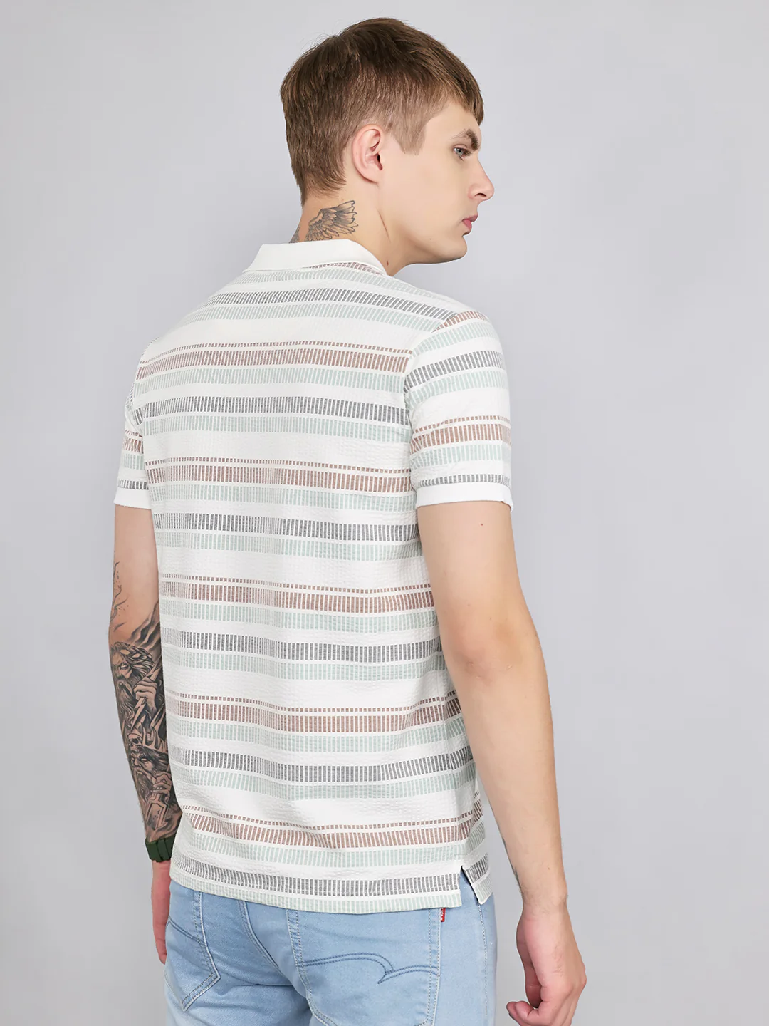 Men Sea Green Stripe Collar Half Sleeve T-Shirt - Image 4