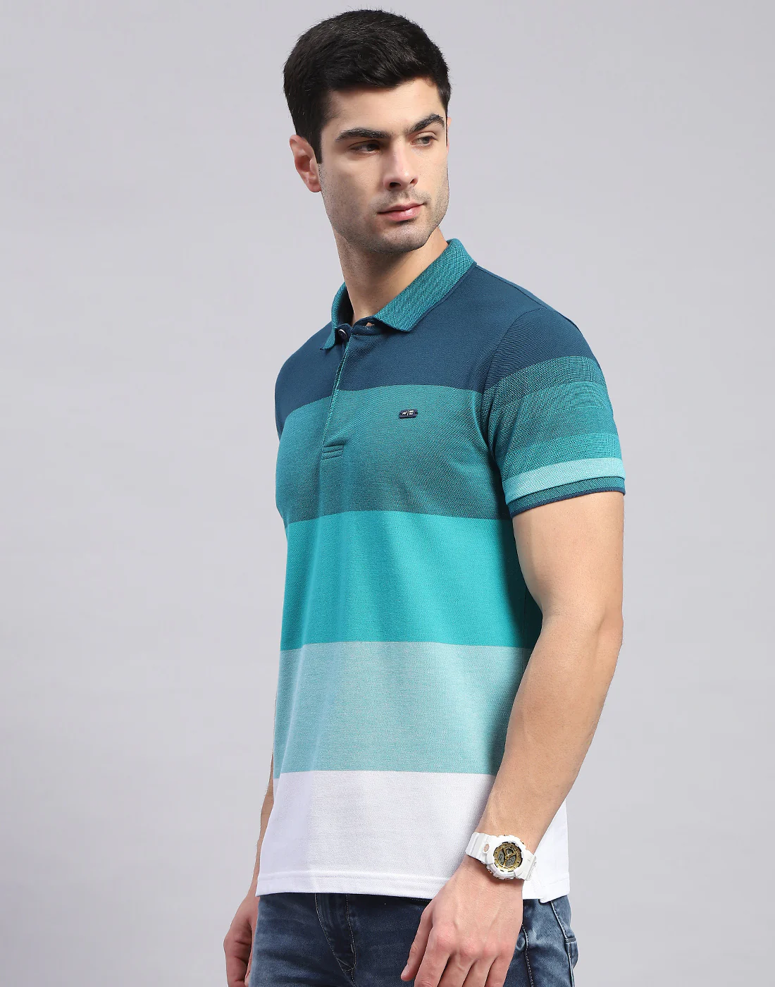 Men Sea Green Stripe Polo Collar Half Sleeve T-Shirt - Image 3