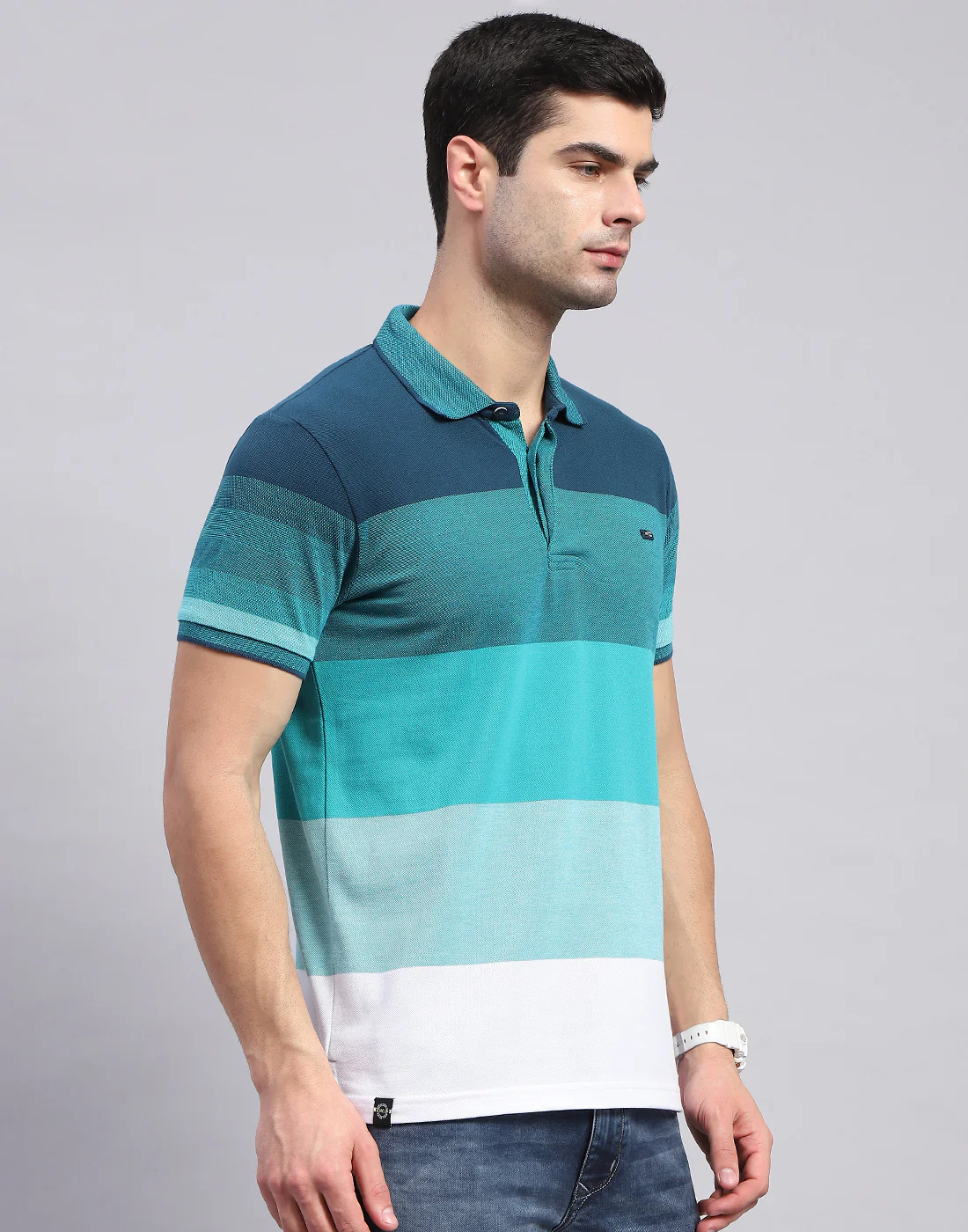 Men Sea Green Stripe Polo Collar Half Sleeve T-Shirt - Image 4