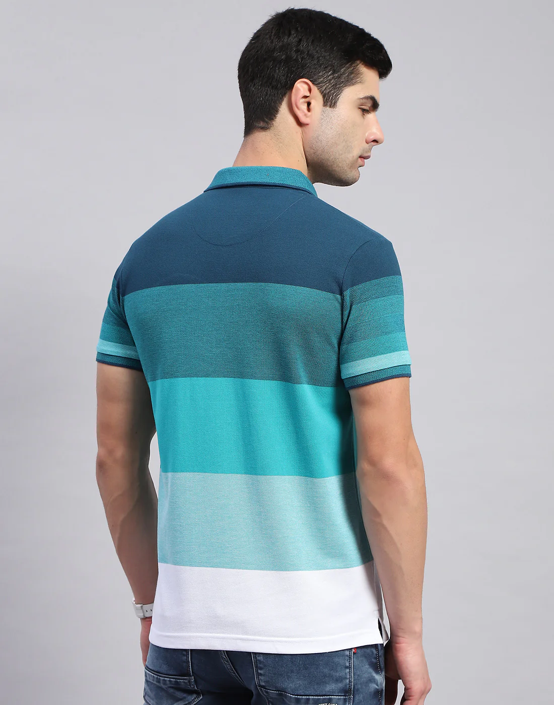 Men Sea Green Stripe Polo Collar Half Sleeve T-Shirt - Image 5