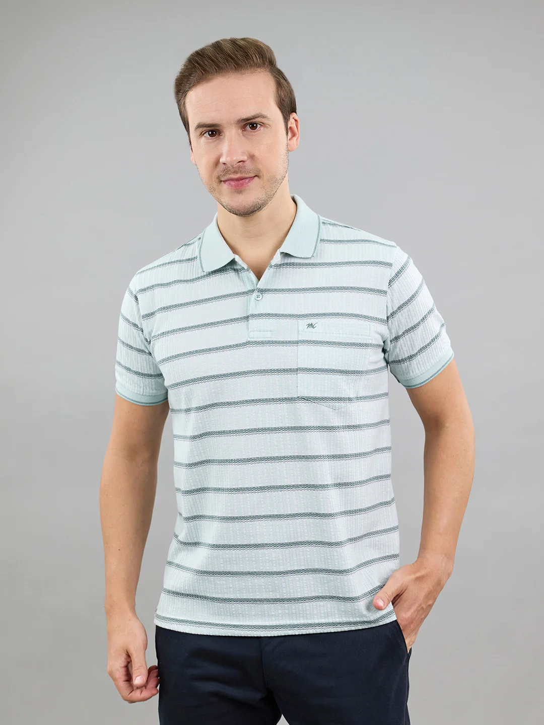 Men Sea Green Stripe Polo Collar Half Sleeve T-Shirt