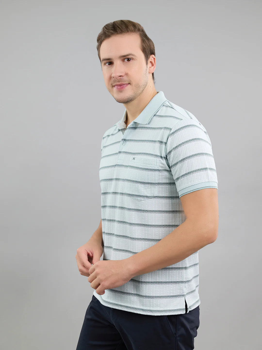 Men Sea Green Stripe Polo Collar Half Sleeve T-Shirt - Image 3