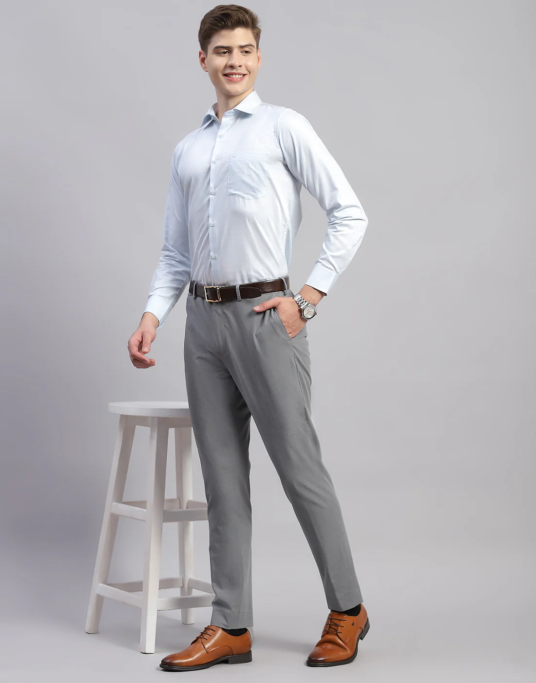 Men Sky Blue Check Collar Full Sleeve Shirt - Image 2