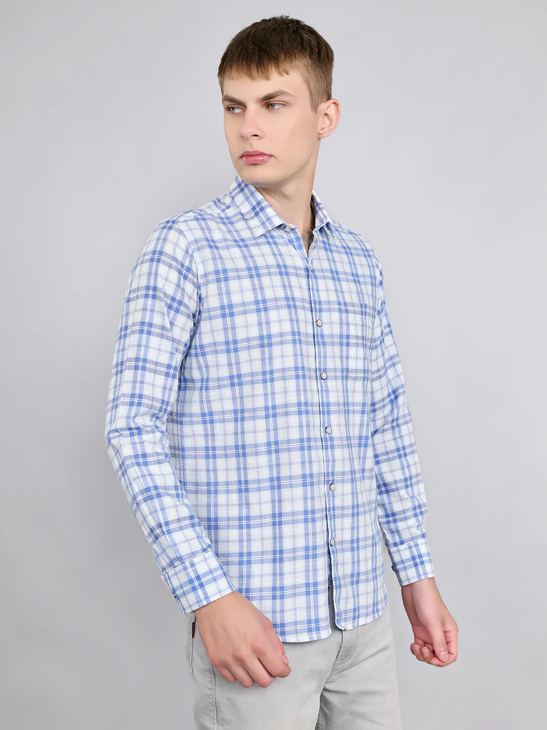 Men Sky Blue Check Collar Full Sleeve Shirt - Image 3