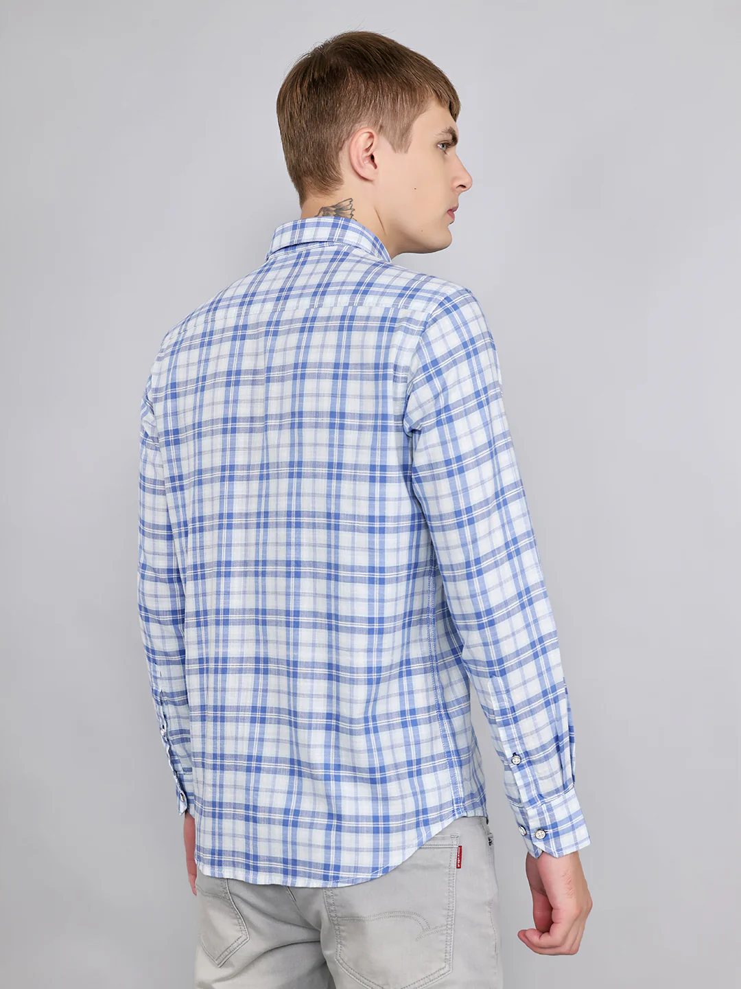 Men Sky Blue Check Collar Full Sleeve Shirt - Image 4