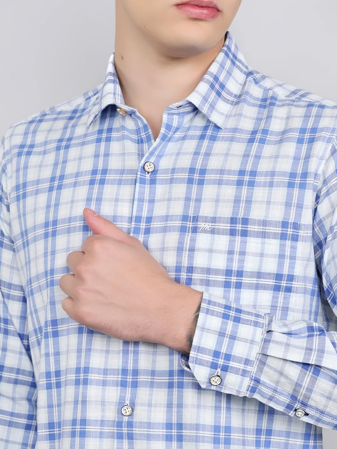 Men Sky Blue Check Collar Full Sleeve Shirt - Image 5