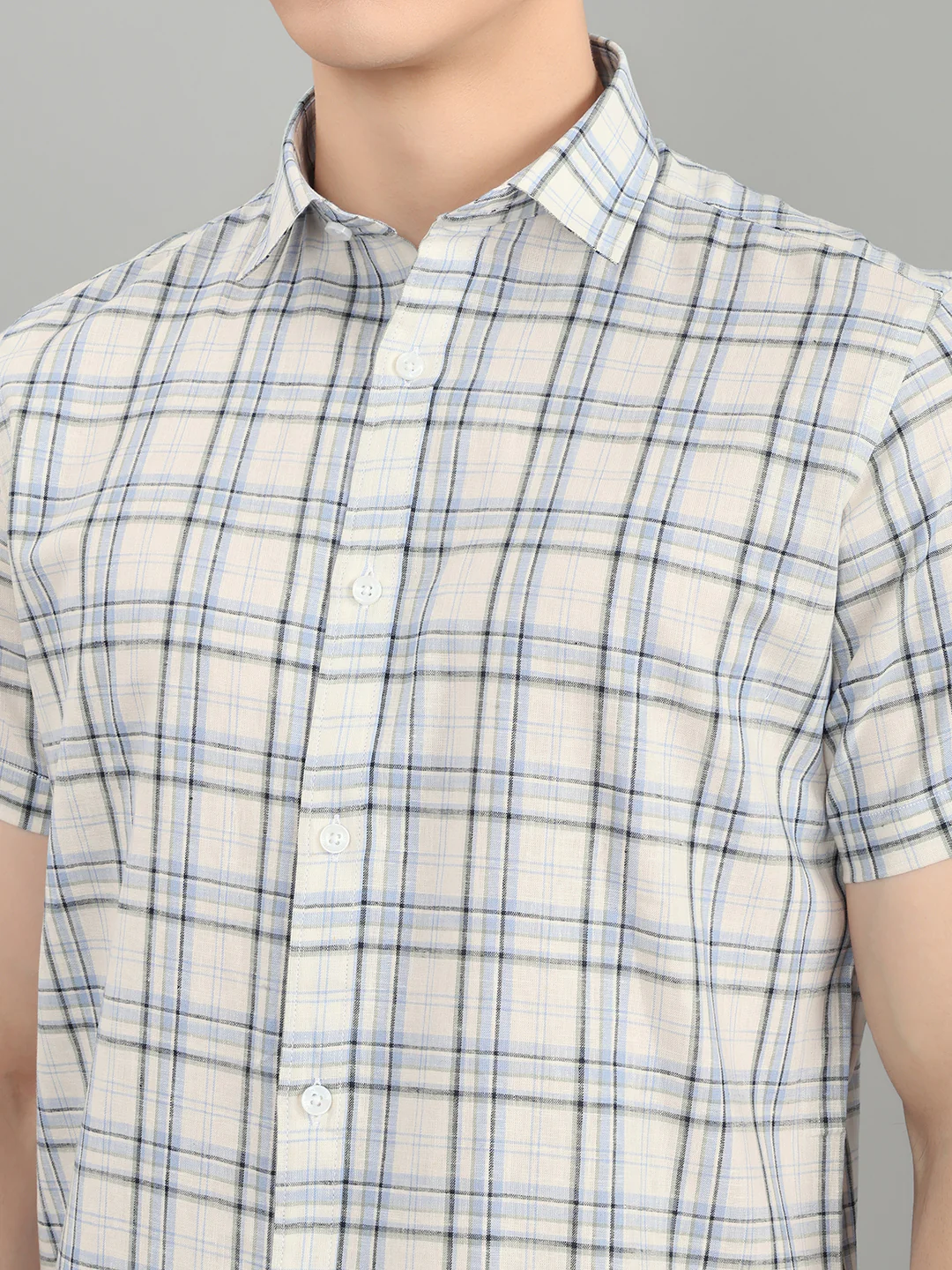 Men Sky Blue Check Collar Half Sleeve Shirt - Image 4