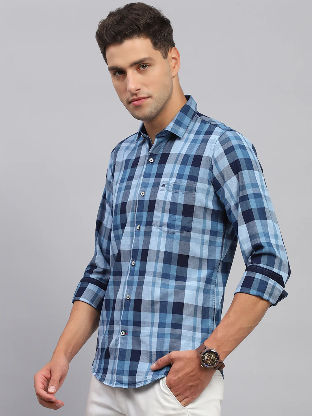 Men Sky Blue Check Spread Collar Full Sleeve Shirt - Image 3
