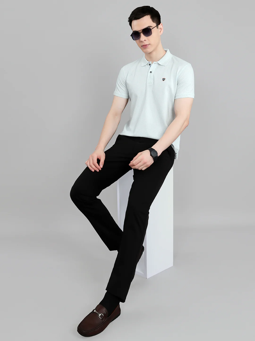 Men Sky Blue Melange Collar Half Sleeve T-Shirt - Image 5
