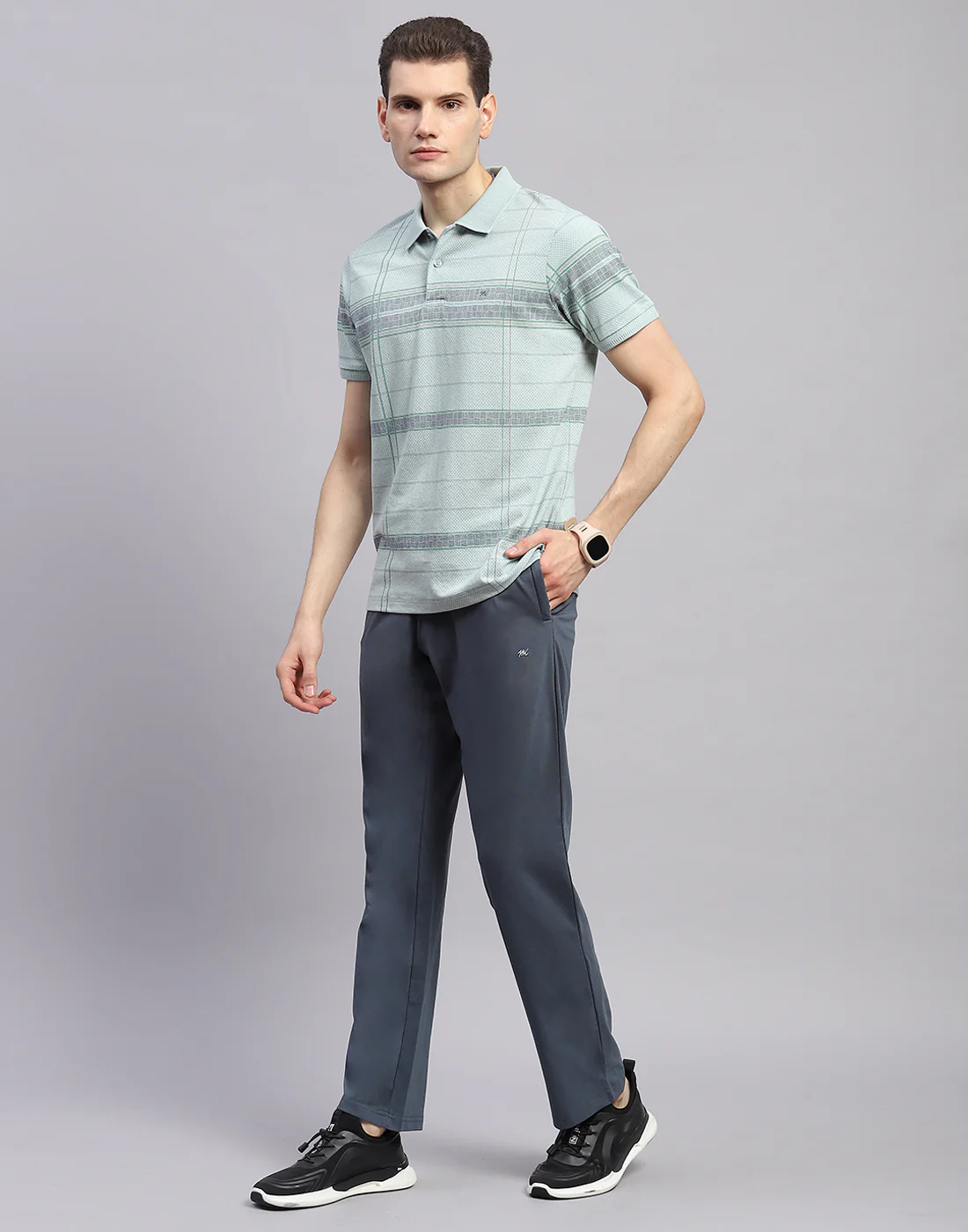 Men Sky Blue & Navy Blue Solid Polo Collar Half Sleeve Lower Set - Image 3