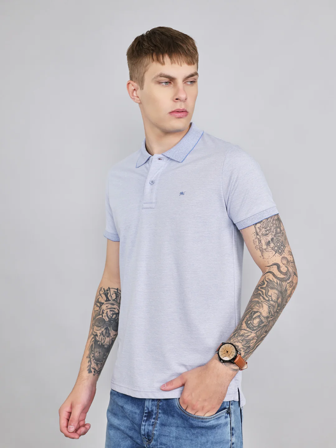 Men Sky Blue Plain Collar Half Sleeve T-Shirt - Image 2