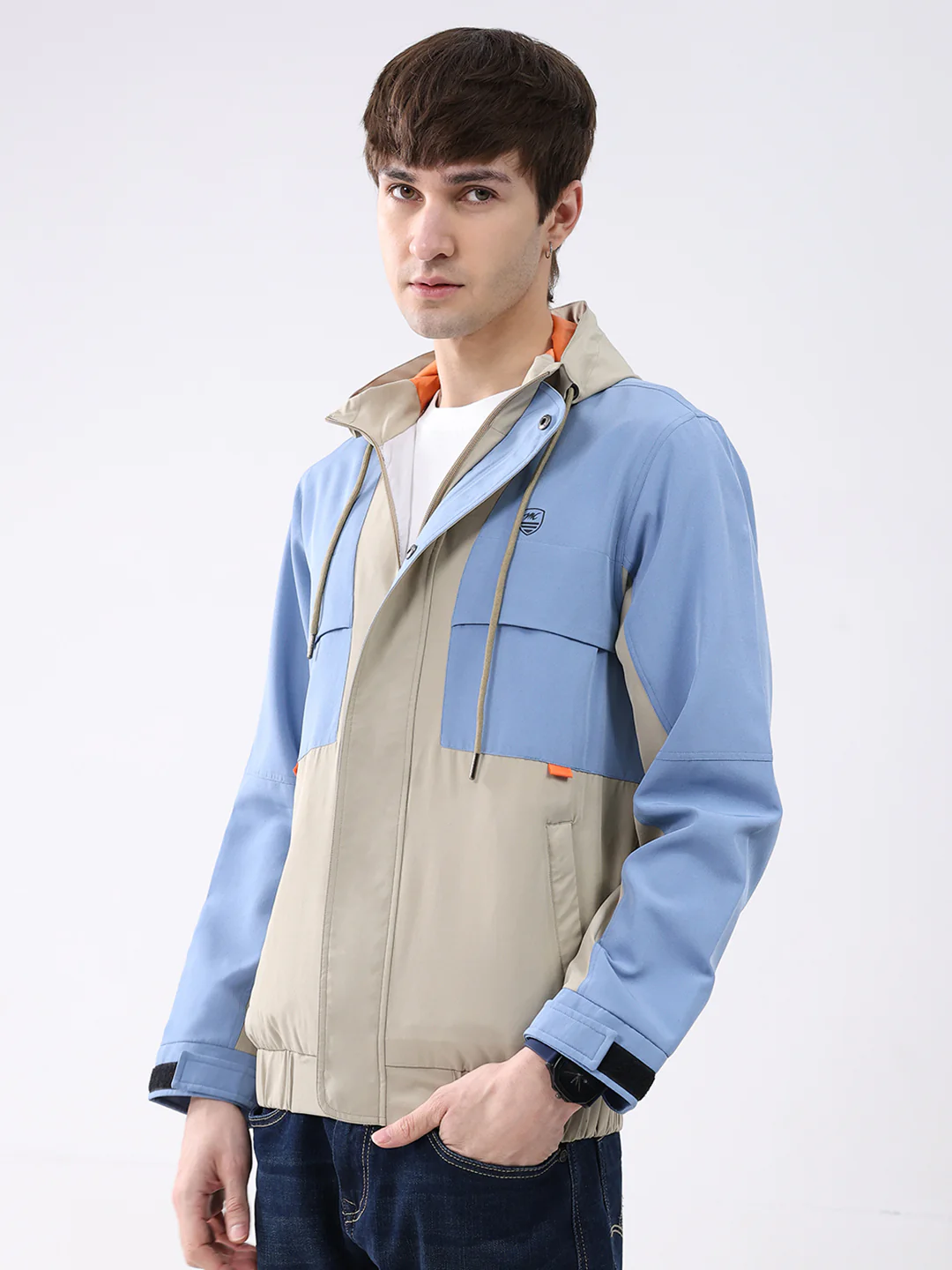 Men Sky Blue Printed Collar Full Sleeve Jacket - Image 3
