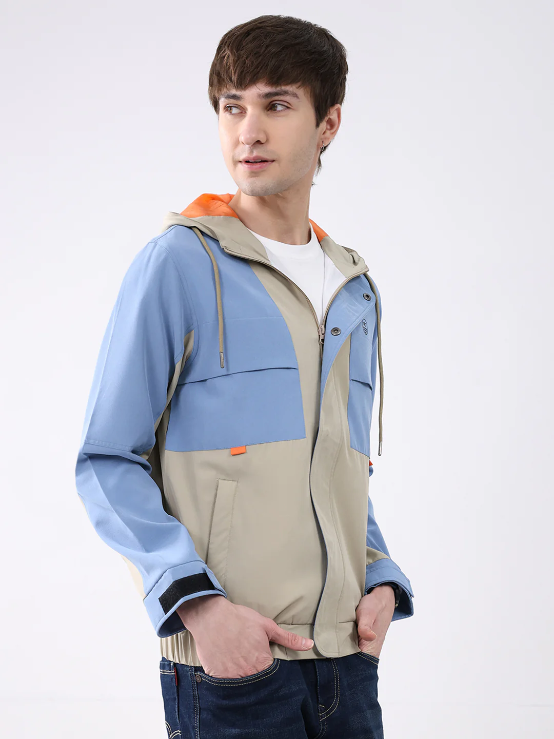 Men Sky Blue Printed Collar Full Sleeve Jacket - Image 4