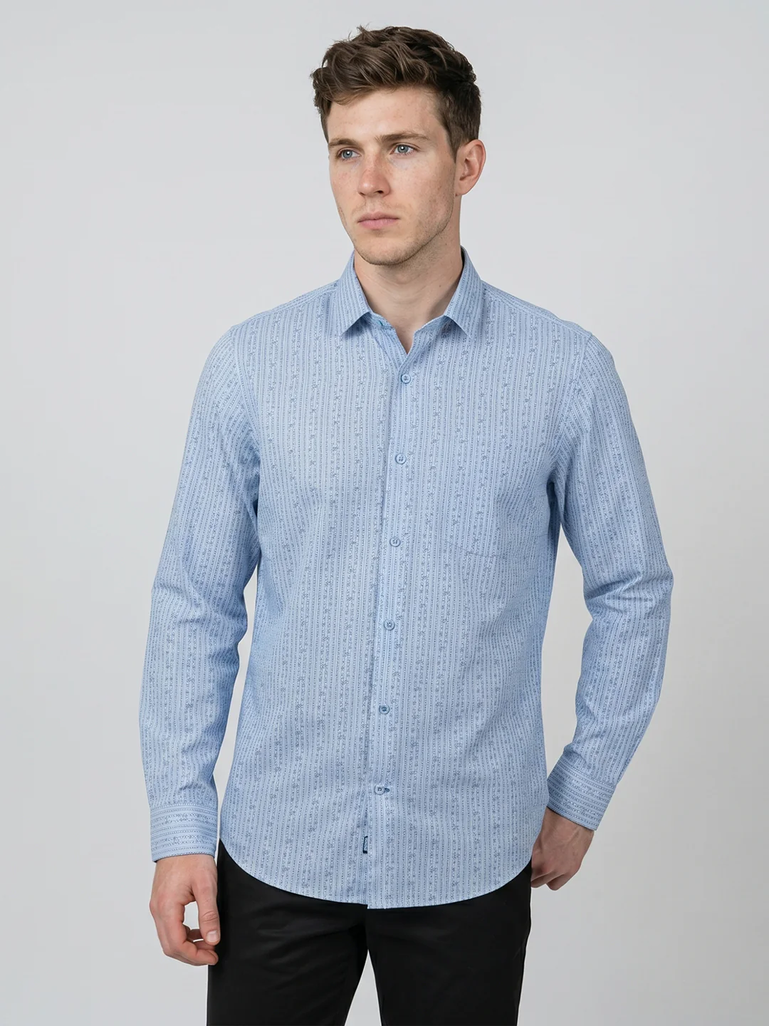 Men Sky Blue Printed Collar Full Sleeve Shirt - Image 3