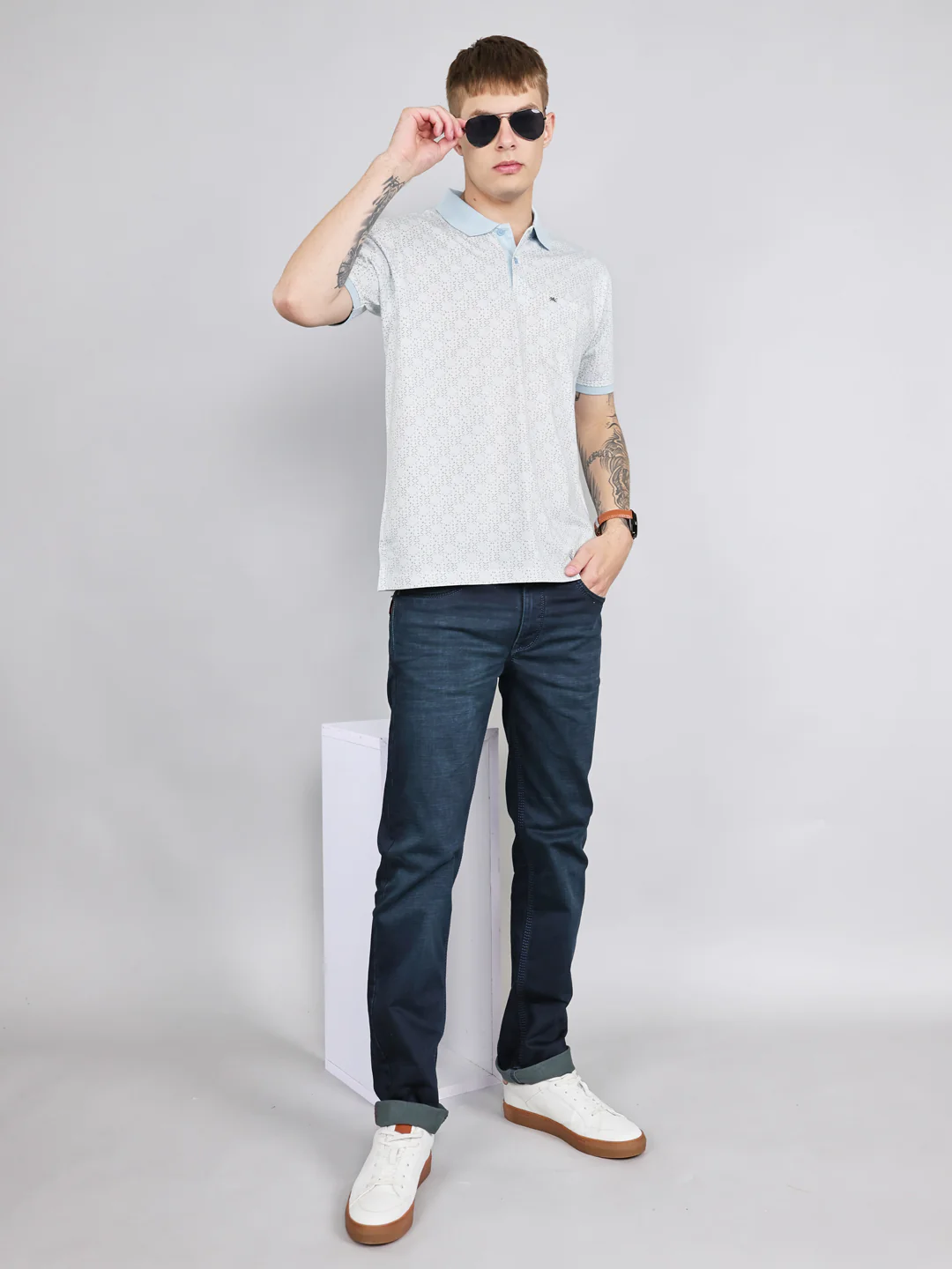 Men Sky Blue Printed Collar Half Sleeve T-Shirt - Image 6