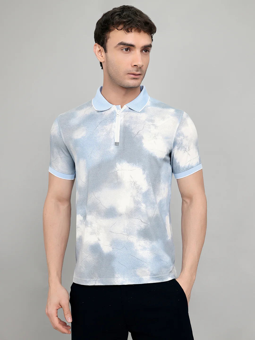 Men Sky Blue Printed Collar Half Sleeve T-Shirt