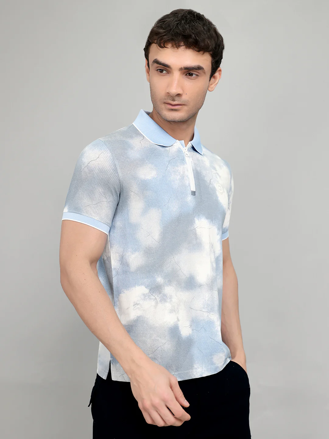 Men Sky Blue Printed Collar Half Sleeve T-Shirt - Image 3