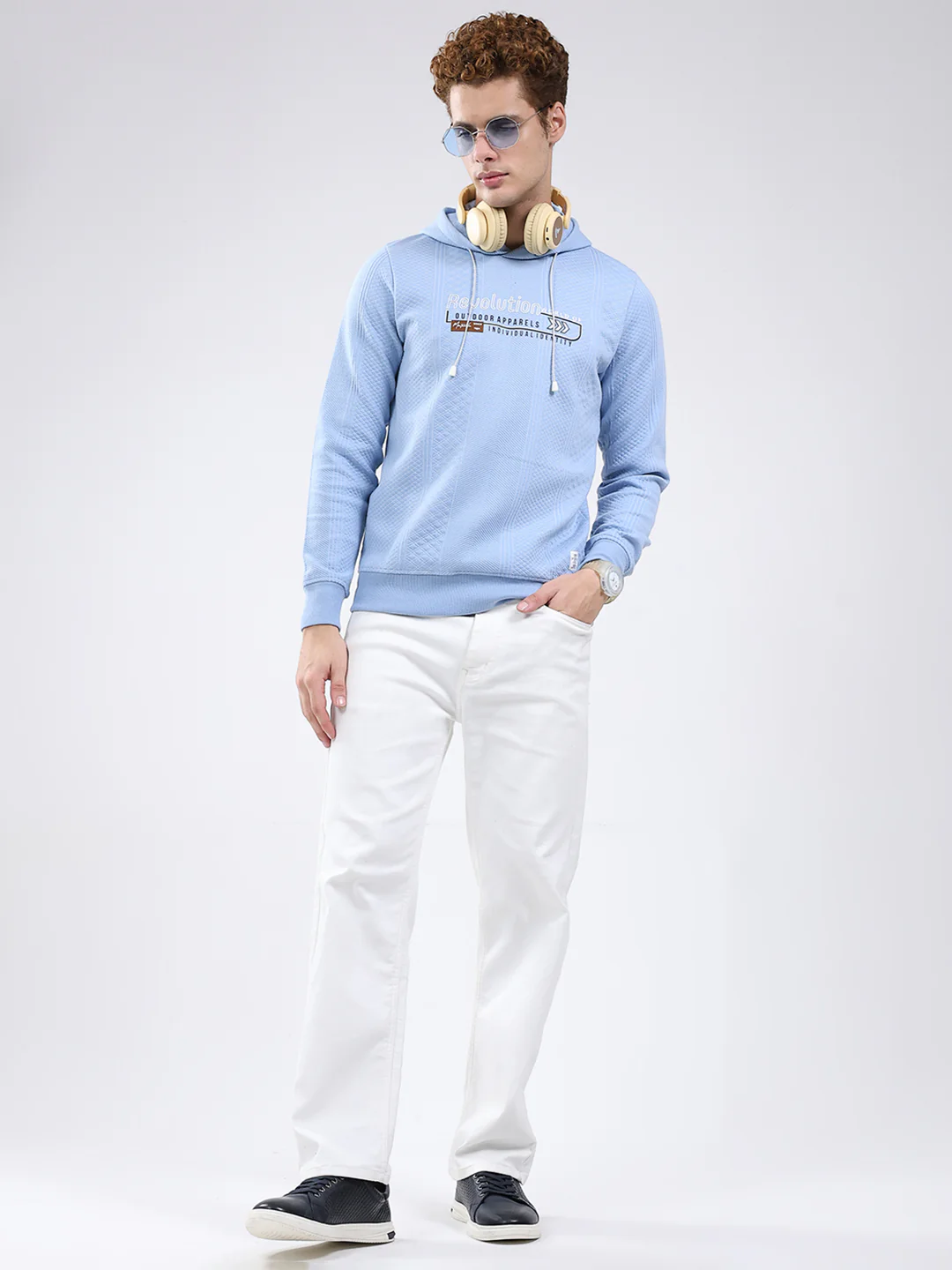 Men Sky Blue Printed Hooded Full Sleeve Sweatshirt - Image 2
