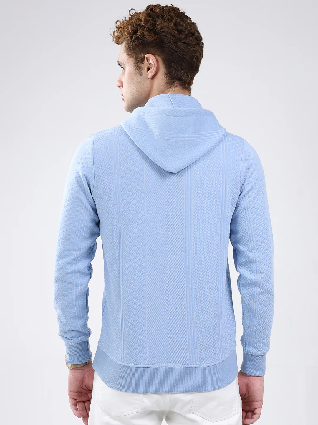 Men Sky Blue Printed Hooded Full Sleeve Sweatshirt - Image 5
