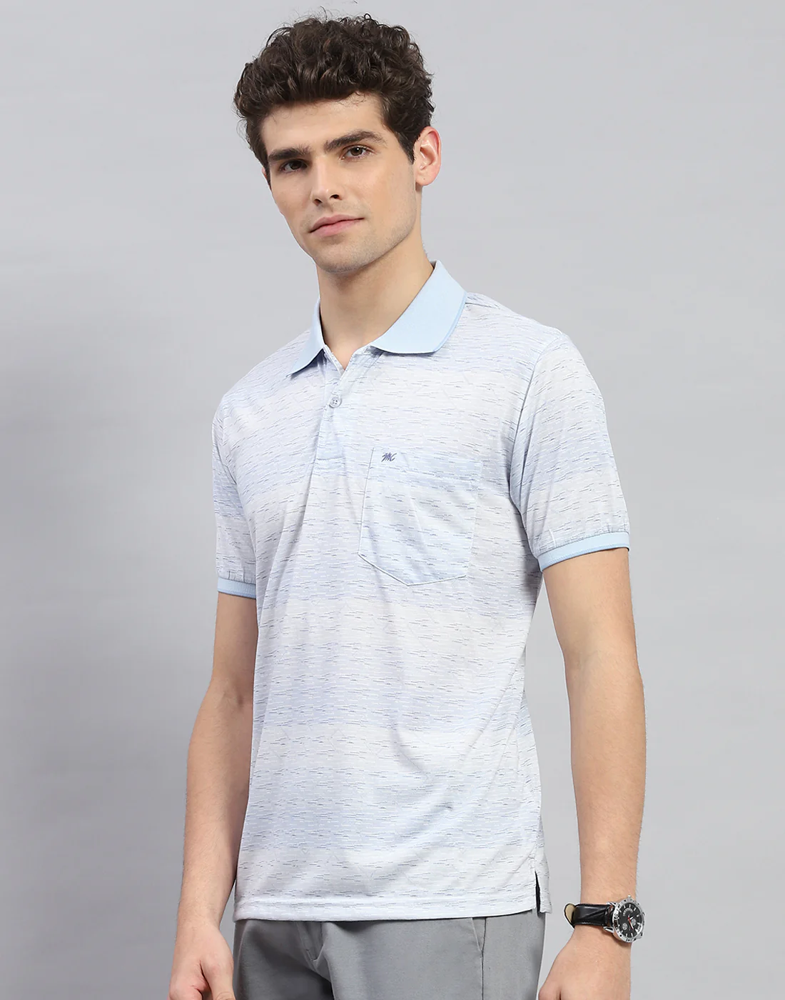 Men Sky Blue Printed Polo Collar Half Sleeve T-Shirt - Image 3