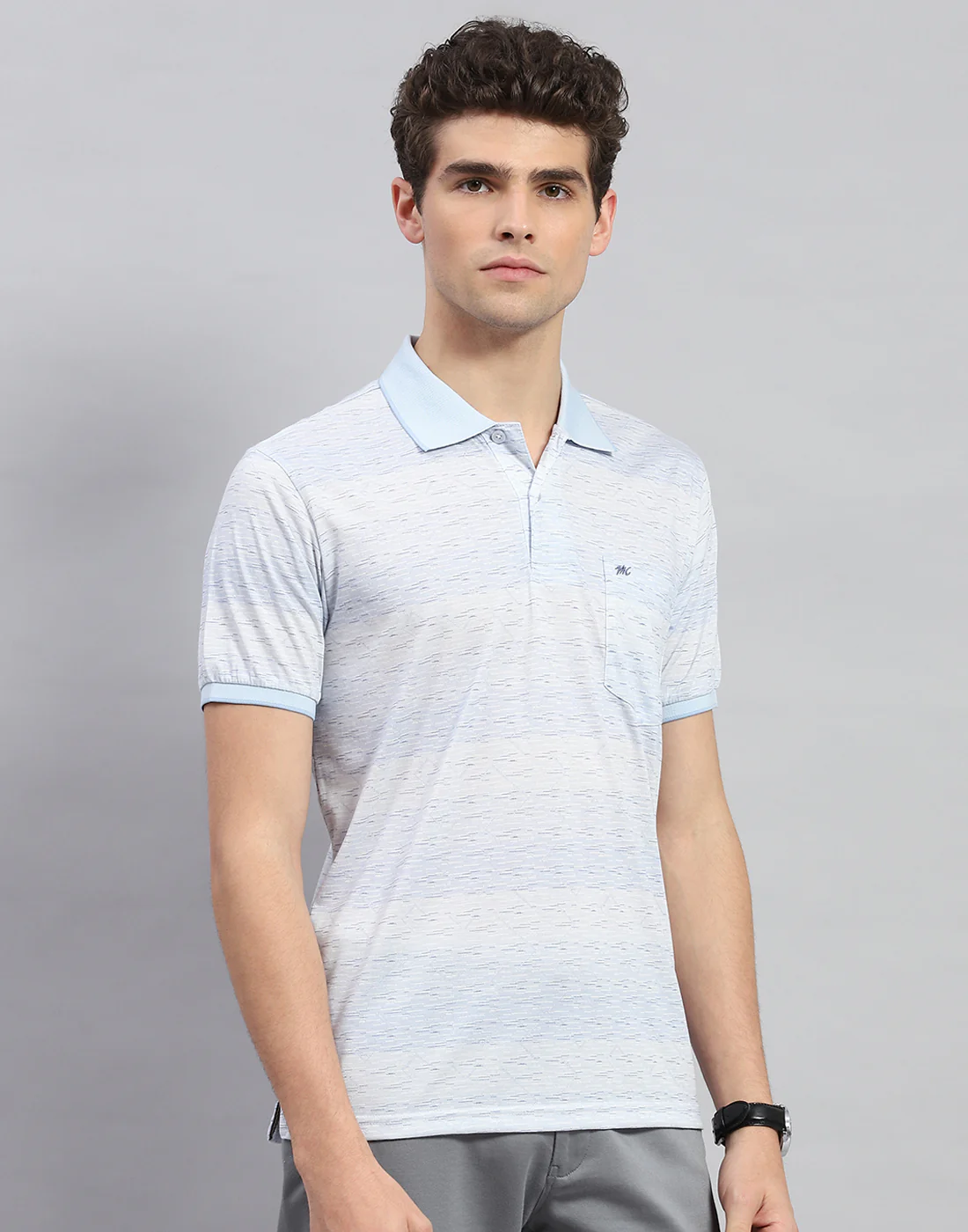 Men Sky Blue Printed Polo Collar Half Sleeve T-Shirt - Image 4