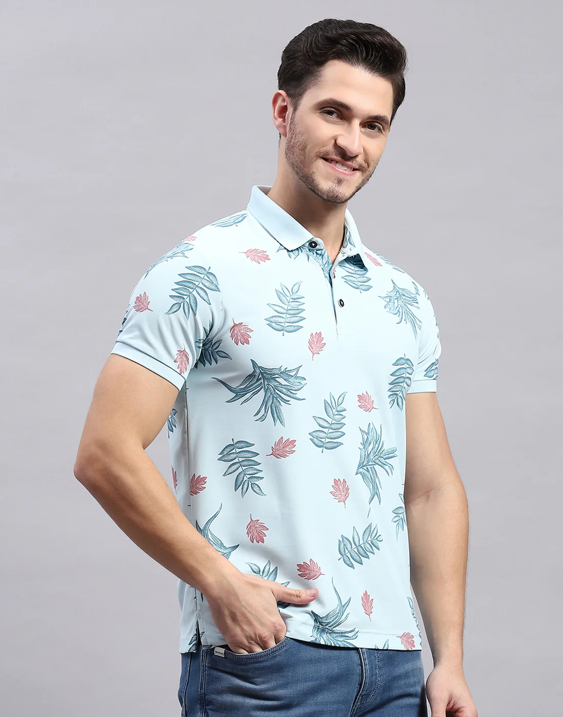 Men Sky Blue Printed Polo Collar Half Sleeve T-Shirt - Image 4