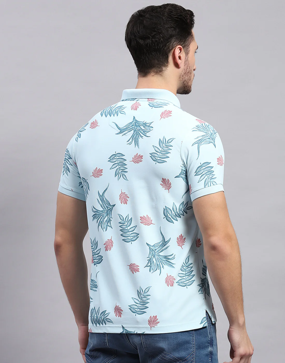 Men Sky Blue Printed Polo Collar Half Sleeve T-Shirt - Image 5
