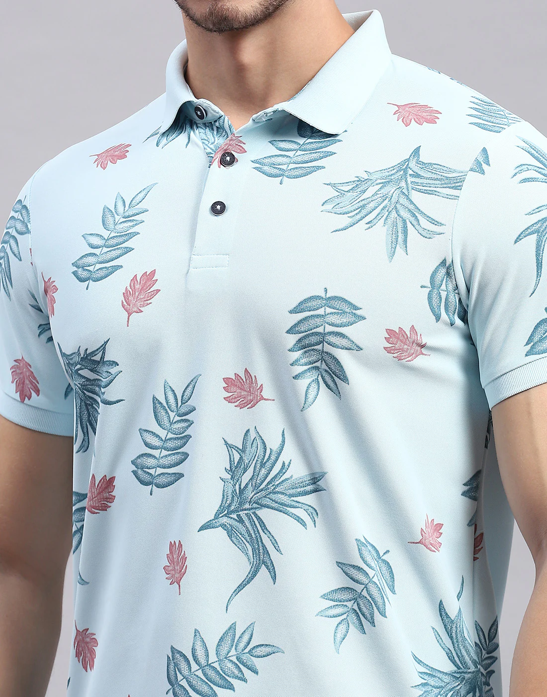 Men Sky Blue Printed Polo Collar Half Sleeve T-Shirt - Image 7