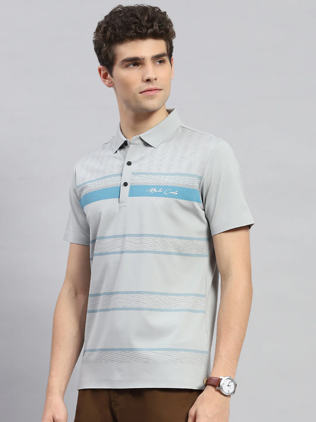 Men Grey Printed Polo Collar Half Sleeve T-Shirt - Image 3