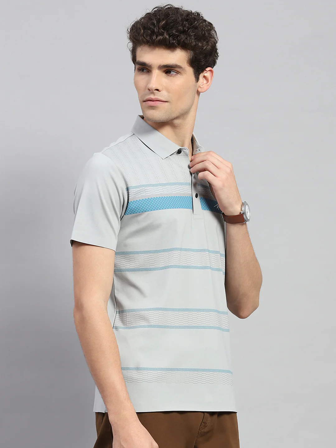 Men Grey Printed Polo Collar Half Sleeve T-Shirt - Image 4