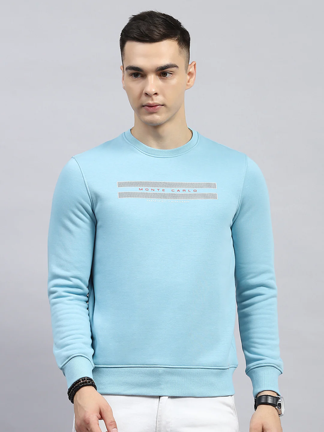 Men Sky Blue Printed Round Neck Full Sleeve Sweatshirt